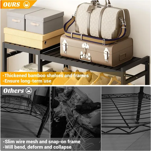 Vista 6 de Homykic Perchero de bambú para colgar ropa, perchero resistente con estantes ajustables de 7 niveles, varillas dobles, 4 ganchos, sistema de armario