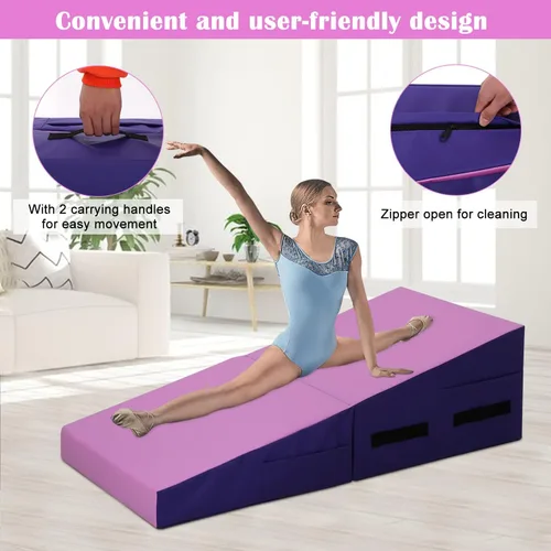 Vista 5 de Colchoneta de gimnasia de 48 x 24 pulgadas, plegable, inclinada, con superficie de PVC antideslizante y asas para niños, entrenamiento en casa