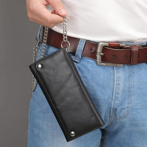 Vista 6 de NIUCUNZH Cartera de cuero genuino para hombre con cadena RFID Trifold Biker