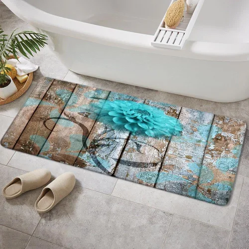 Vista 22 de JAWO Alfombra de baño con flores de granja, dalia en tablones de madera rústica, juego de tapetes de baño con flores azules, en forma de U