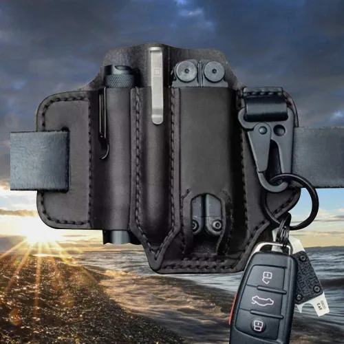 Vista 3 de Amorr Funda multiherramienta de cuero para cinturón, organizador de bolsillo EDC con soporte para llaves, cinturón de almacenamiento, bolsa de Negro