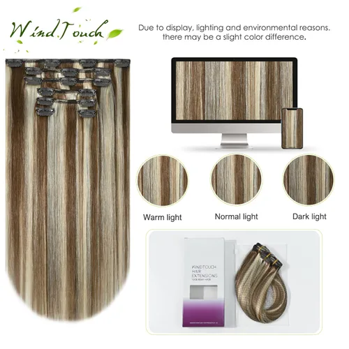 Vista 44 de WindTouch - Extensiones de cabello humano real con clip, color marrón claro a rubio con reflejos #6P613, 22 pulgadas, 4.33 onzas, 7 piezas #6p613