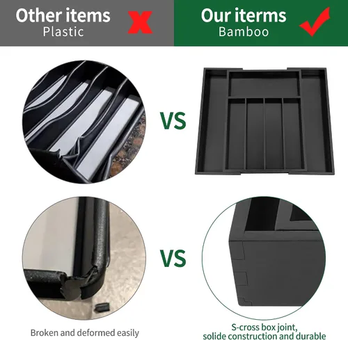 Vista 5 de Utoplike Organizador de cajones de cubiertos de bambú, organizador de cajones de utensilios de cocina expandibles, separadores de bandeja de Negro