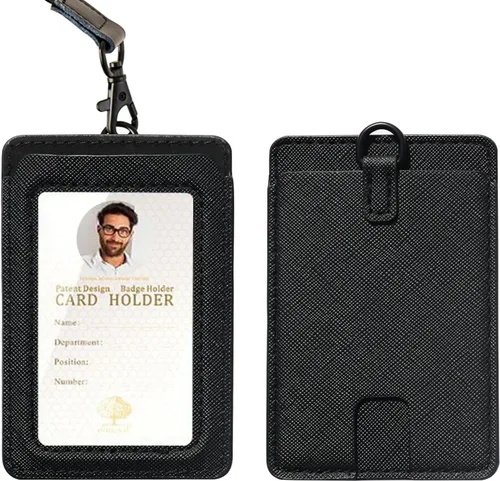 Vista 8 de Portatarjetas con cordón, tarjetero de cuero para identificación, tarjetero de ID con cordón vertical para oficina de trabajo (negro)