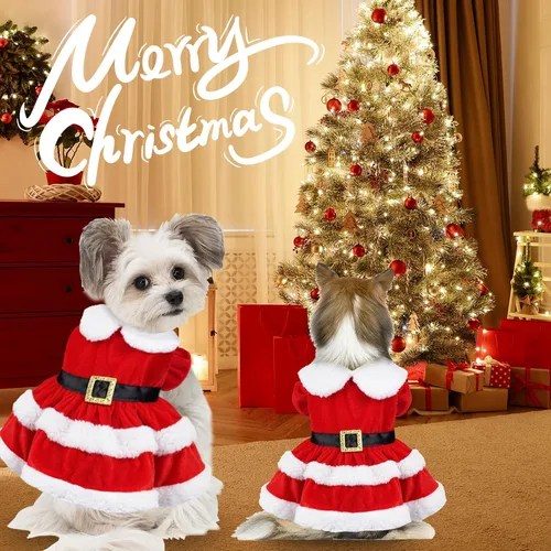 Vista 5 de GOYOSWA Vestido de Navidad para Gatos y Gatitas, Disfraz de Santa para Mascotas, Ropa Festiva de Navidad, Vestidos de Navidad para Gatitas y Gatos