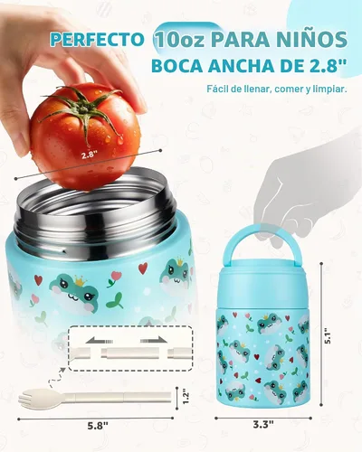 Vista 3 de Termo de sopa de 10 onzas para alimentos calientes, tarro de alimentos aislado para niños con cuchara, boca ancha, contenedor de almuerzo de acero