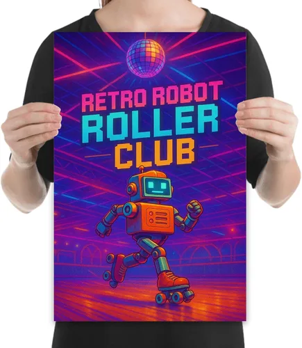 Vista 2 de Retro Robot Roller Art Poster - Neon 80s Theme - Gloss Paper Finish - Wall Decor for Gaming Room