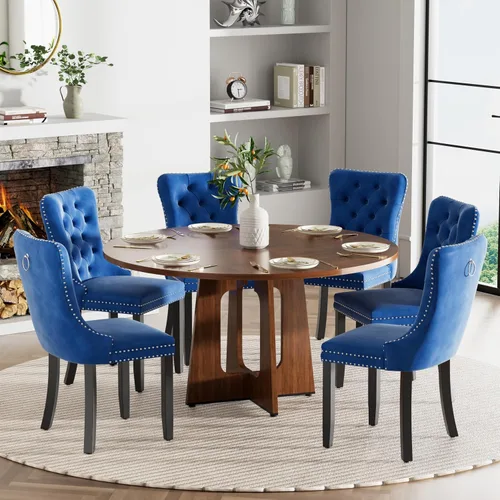 Vista 44 de Mesa de comedor redonda estilo granja para 6, mesa de cocina circular de 47" MDF con acabado de grano de madera, mesa de cocina y comedor de madera