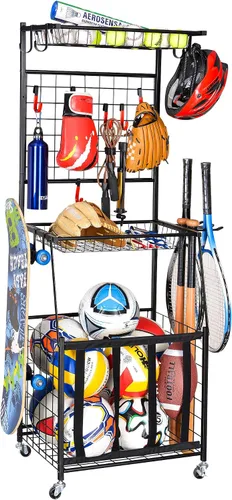 Vista 8 de PLKOW Organizador de almacenamiento para equipos deportivos de garaje, estante deportivo para interior/exterior para garaje, organizador