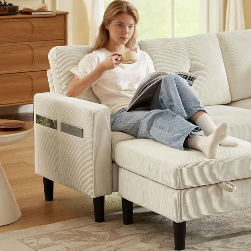 Vista 3 de Sofá modular convertible de 79 pulgadas, sofá pequeño en forma de L de 3 asientos con diván de almacenamiento y bolsillo lateral, sofá reversible