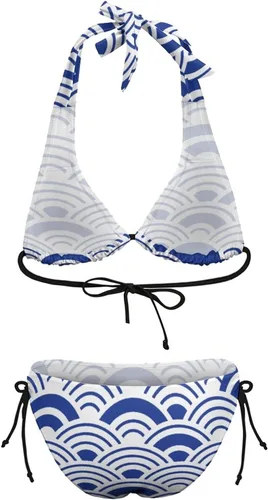 Vista 8 de Traje de baño para mujer, push up, bentónico, biológico, océano, 2 piezas, envoltura para playa, extraíble, acolchado, halter triangular, corbata
