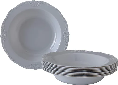 Vista 3 de SILVER SPOONS Platos de sopa desechables de diseño vintage para fiesta (10 unidades) Juego de vajilla desechable resistente de 12 onzas, platos