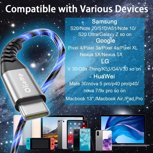 Vista 6 de Cable LED USB C a C de 6 pies 60 W 3A de carga rápida para iPhone15/15Pro/15Plus/15ProMax/iPad Pro2022/Air, Samsung S23 (azul)