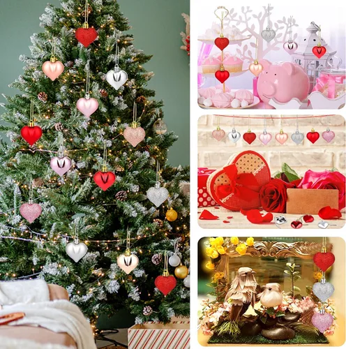 Vista 7 de JUNEBRUSHS 48 adornos en forma de corazón de San Valentín, decoraciones de corazón con purpurina de oro rosa, bolas colgantes para árbol de Navidad