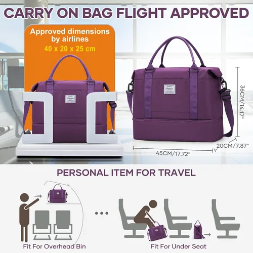 Vista 2 de VECAVE Bolsa de viaje para mujer, bolsa deportiva para gimnasio, E20-Púrpura profundo, Grande, Bolsa de viaje