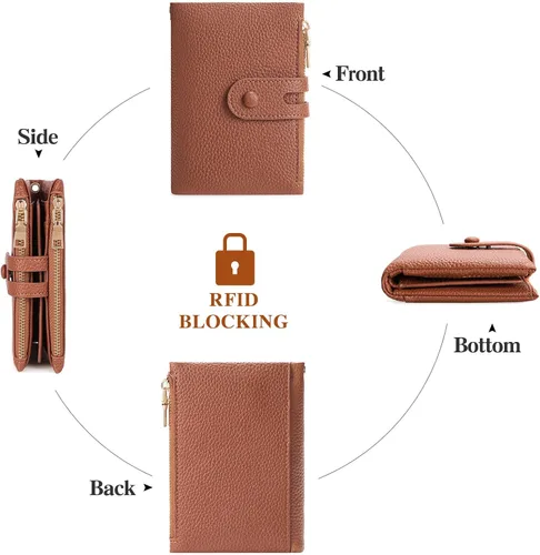 Vista 5 de FALAN MULE Cartera pequeña de cuero para mujer, con bloqueo RFID, tarjetero plegable con bolsillos dobles con cremallera, Marrón claro