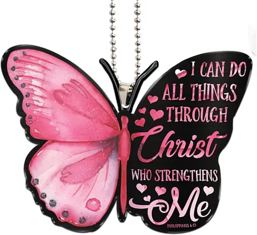 Vista 7 de Talataca Mariposa rosa con texto en inglés "I Can Do All Things Through Christ Strengthens Me" 2D Flat Car Rear View Mirror Accessories Christmas