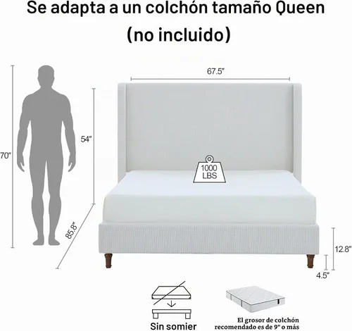 Vista 2 de Boucle - Cama de cabecera alta tamaño Queen, base de cama tapizada con cabecera de 54 pulgadas de alto, listones de madera resistentes y marco