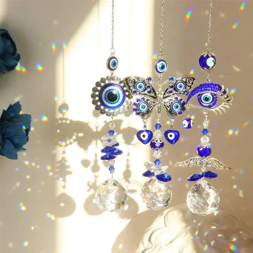 Vista 2 de Atrapasoles azul colgante luz sombra jardín decoración campanillas de viento de cristal arco iris jardín colección sol bola cristal cortina