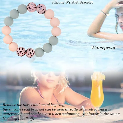 Vista 5 de BIHRTC Llavero con pulsera de silicona Llavero con brazalete de cuentas de silicona llavero con borla de cuero para mujeres niñas