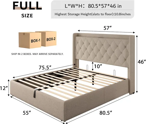 Vista 2 de iPormis Base de cama de almacenamiento elevable de tamaño completo con estación de carga, base de cama de plataforma tapizada con cabecera capitoné