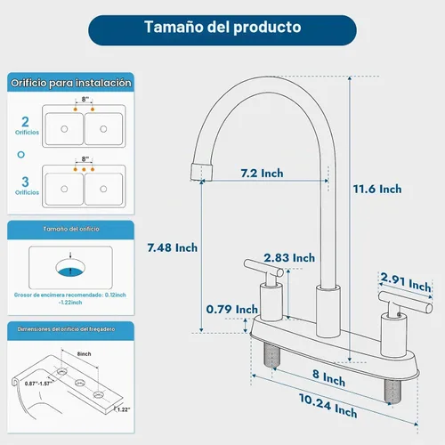 Vista 9 de Grifo de cocina de 2 manijas sin rociador de 2-3 agujeros, níquel