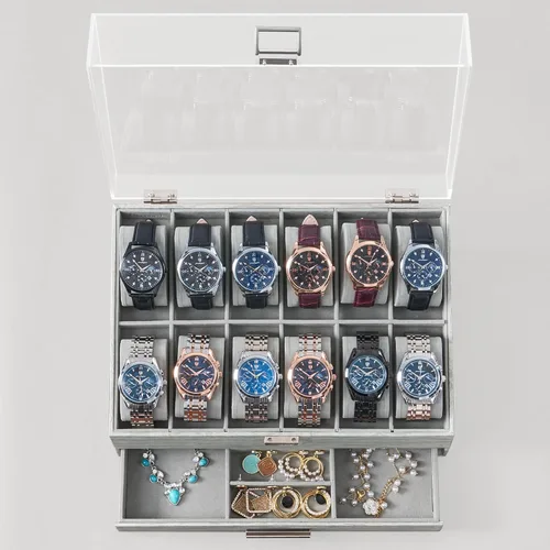 Vista 9 de Hzuaneri Caja de reloj, regalos de Navidad, caja de reloj de 12 ranuras con tapa acrílica grande, almohadas de reloj extraíbles, organizador de caja