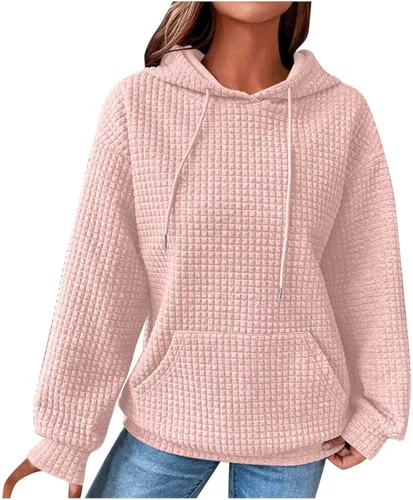 Vista 14 de Ceboyel Sudaderas con Capucha de Punto Waffle Lindas para Mujer con Cordón Pullover Sudaderas Suéteres Casuales de Moda Ropa Cómoda de Otoño