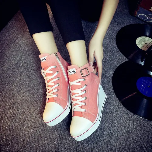 Vista 7 de Zapatos deportivos de tacón alto para mujer, zapatos de lona de moda de tubo alto, con cordones, borde de cuña, cremallera, ángulo, talla 4-11
