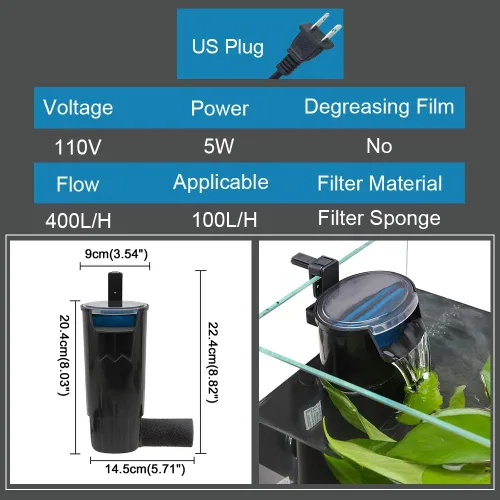 Vista 7 de Senzeal Filtro de tortuga para acuario, silencioso, bomba de filtro de bajo nivel de agua, 5 W, 400 L/H, filtro interno para tanque de peces