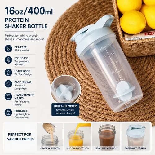 Vista 4 de ChezMax Shaker Bottle for Protein Powder (BPA free),PP5 Leakproof Mixer Cup with Built-In Mixing Blade, Portable Workout Shaker for Protein