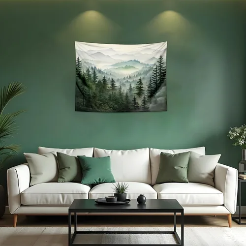 Vista 8 de QGHOT Tapiz de bosque brumoso, tapiz de montaña natural para colgar en la pared, paisaje de acuarela verde salvia, arte de pared para dormitorio