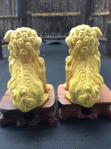 Vista 3 de Feng Shui - Par de estatuas de perros Fu Foo, adornos de estatua de Kylin de madera maciza, protección de energía malvada, estatua de Pixiu/Piyao