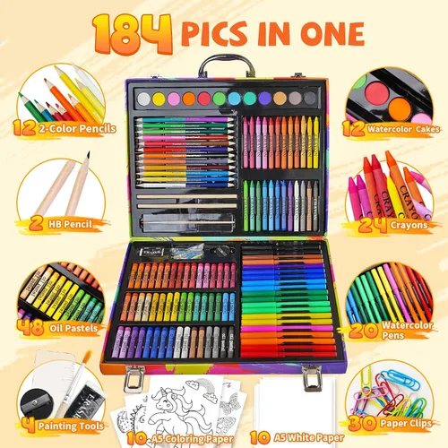 Vista 2 de Cokiki Kit de arte de 184 piezas para niños de 6 a 12 años, juego de dibujo definitivo con pasteles al óleo, crayones, pasteles de acuarela y bloc