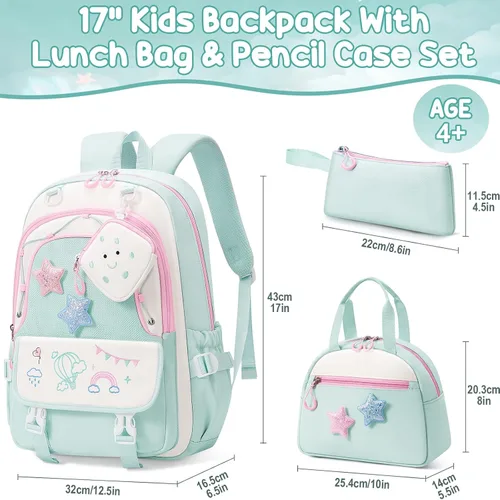 Vista 4 de Fimibuke Mochilas infantiles para niñas, juego de 4 bolsas para libros para Verde menta