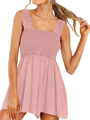Vista 2 de DEEP SELF Mameluco de verano sin mangas para mujer, cuello cuadrado, tirantes con volantes, con bolsillos
