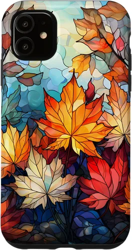 Vista 7 de iPhone 15 Otoño hojas de arce vitrales estilo abstracto caso