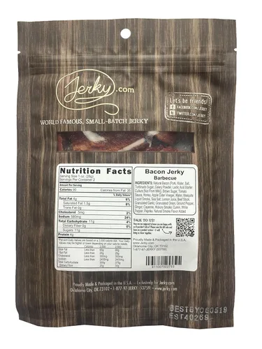 Vista 2 de Barbecue Bacon Jerky - Hecho con tocino real - mundialmente famoso, cecina de tocino en lotes pequeños - Bolsa de 1.75 onzas