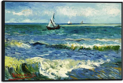 Vista 11 de Wieco Art Arte enmarcado negro paisaje marino en Saintes Maries por Vincent Van Gogh pinturas al óleo Reproducción modernas impresiones en lienzo