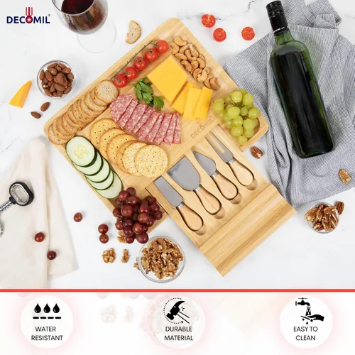Vista 3 de DECOMIL - Juego de tabla de queso y cuchillos de bambú, juego de charcutería, tabla de queso y cubiertos, tabla de cortar queso, % 100% bambú
