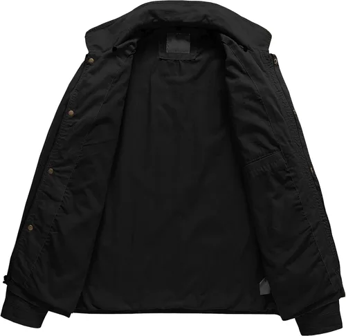 Vista 4 de Pursky Chaqueta de lona de algodón militar casual para hombre con capucha desmontable