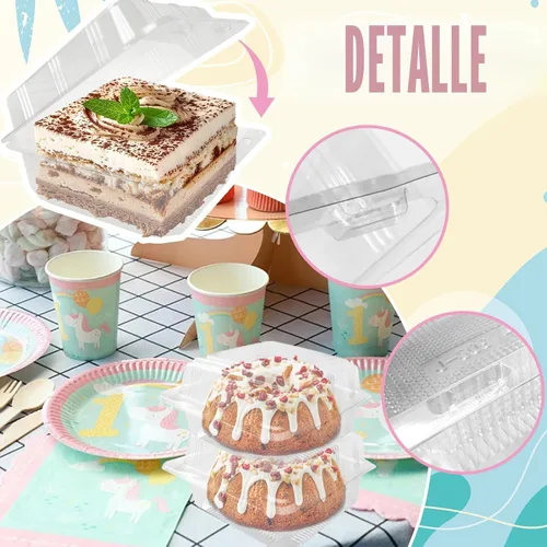 Vista 3 de Haawooky 100 Piezas Recipientes de Comida Cuadrados de Plástico Transparente con Bisagras, Bandeja Desechable tipo Concha para Rebanadas de Pastel
