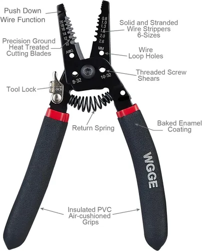 Vista 5 de WGGE WG-013 Pelacables y cortador de 7 pulgadas, cortes, tiras de alambre y bucles 10-20 AWG sólido y (0.031-0.102 in) trenzado
