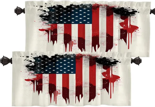 Vista 24 de Batmerry American Flag Ink Dot Blackout Tier Curtains, Red Blue White Stars Abstract Thermal Insulated Half Curtain Rod Pocket Small Valance for
