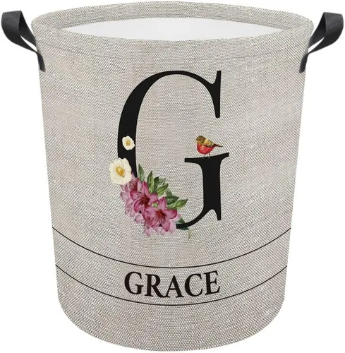 Vista 25 de Cesta de lavandería con inicial floral personalizada, monograma, nombre personalizado, flores y pájaros, cesta de ropa plegable de tela, caja