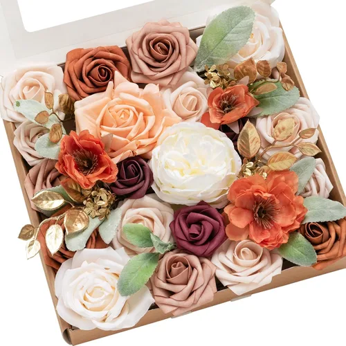 Vista 40 de Ling's moment Caja de Flores Falsas, Tallos de Vegetación Artificial Falsa Rosas de Espuma Dalia Hortensia de Seda Peonía Flor de Tela para Centros