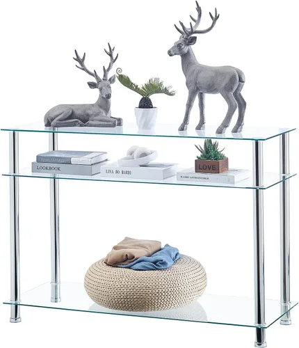 Vista 4 de Mesa consola de cristal plateado para entrada, moderna y cómoda mesa de sofá de vidrio de 3 niveles con patas cromadas, sala de estar, pasillo