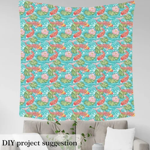 Vista 3 de Koi Fish - Tela de tapicería para sillas, tela tradicional japonesa para exteriores, tela decorativa con estampado de hojas de loto Botanicla