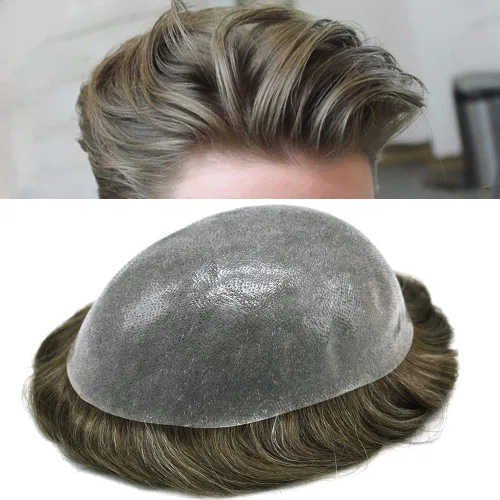 Vista 57 de PU Toupee para hombres pieza de pelo real sistema de reemplazo de cabello humano para hombres Toupee pieza de pelo para hombres piel polivinílica