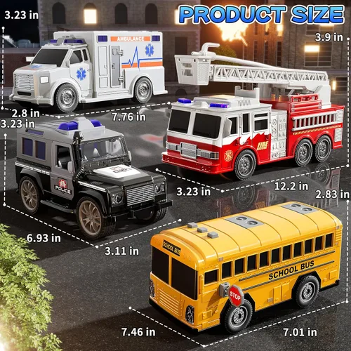 Vista 6 de Juguetes de vehículo de emergencia, 4 en 1, juego de autos de juguete para niños pequeños